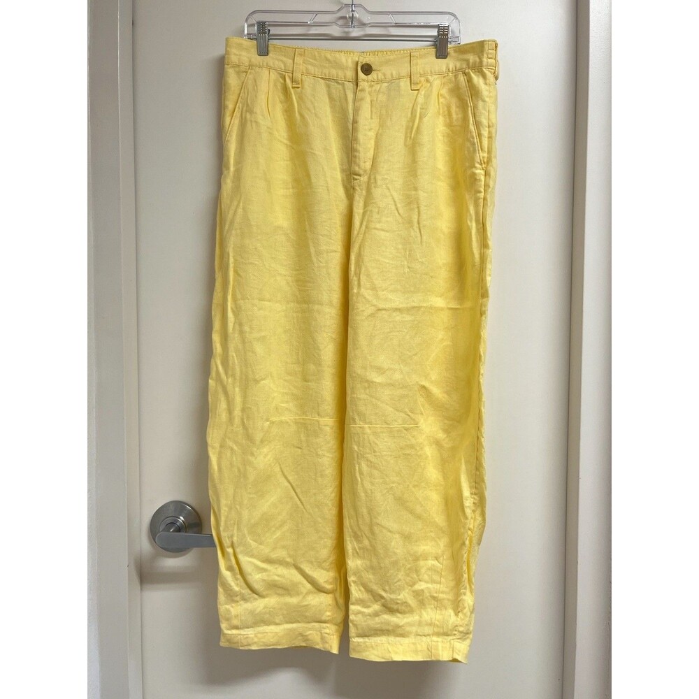 Lands’ End 100% Linen Women’s High Rise, Light Yellow Wide Leg Pant Size 14 L